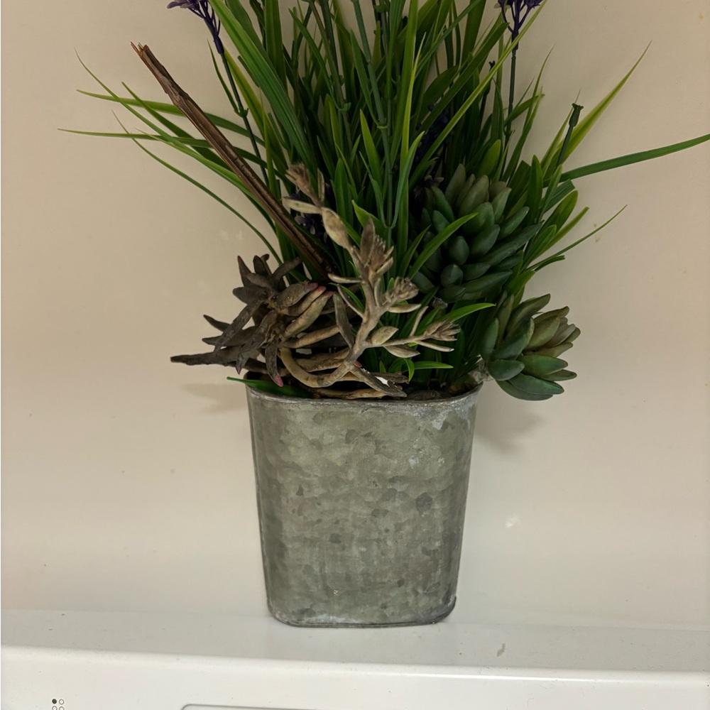 Green and Silver Faux Floral Arrangement in Metallic Container